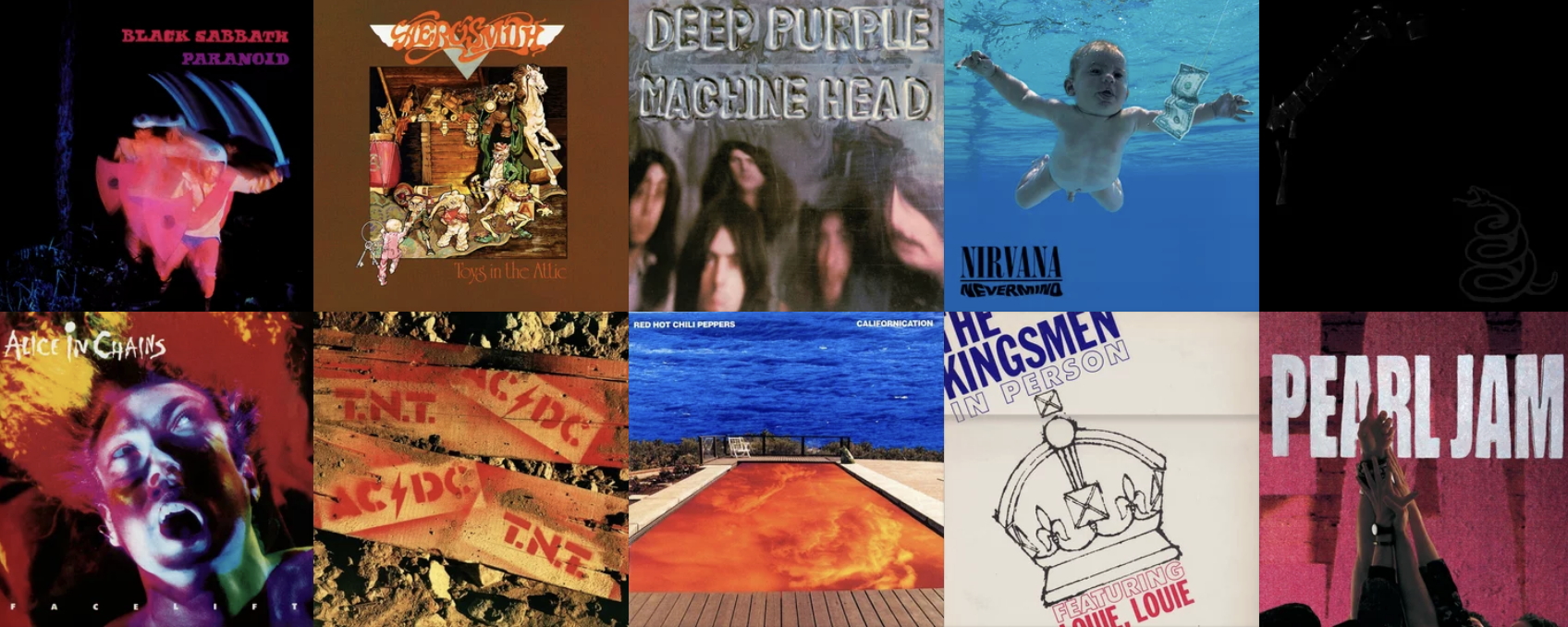 Album covers of classic rock songs including Black Sabbath Paranoid, Aerosmith Toys in the Attic, Deep Purple Machine Head, Nirvana Nevermind, Metallica Black Album, Alice in Chains Facelift, AC/DC TNT, Red Hot Chili Peppers Californication, The Kingsmen Louie Louie, and Pearl Jam Ten